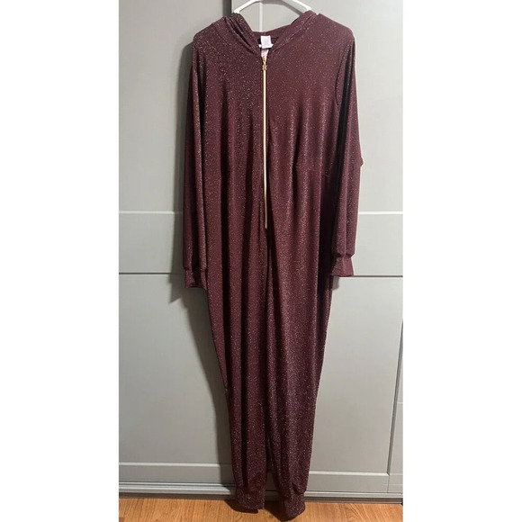 Savage X Fenty Plus L/S Hooded Sparkly Stretchy Jumpsuit Red Cocoa Size 1X - Picture 1 of 8